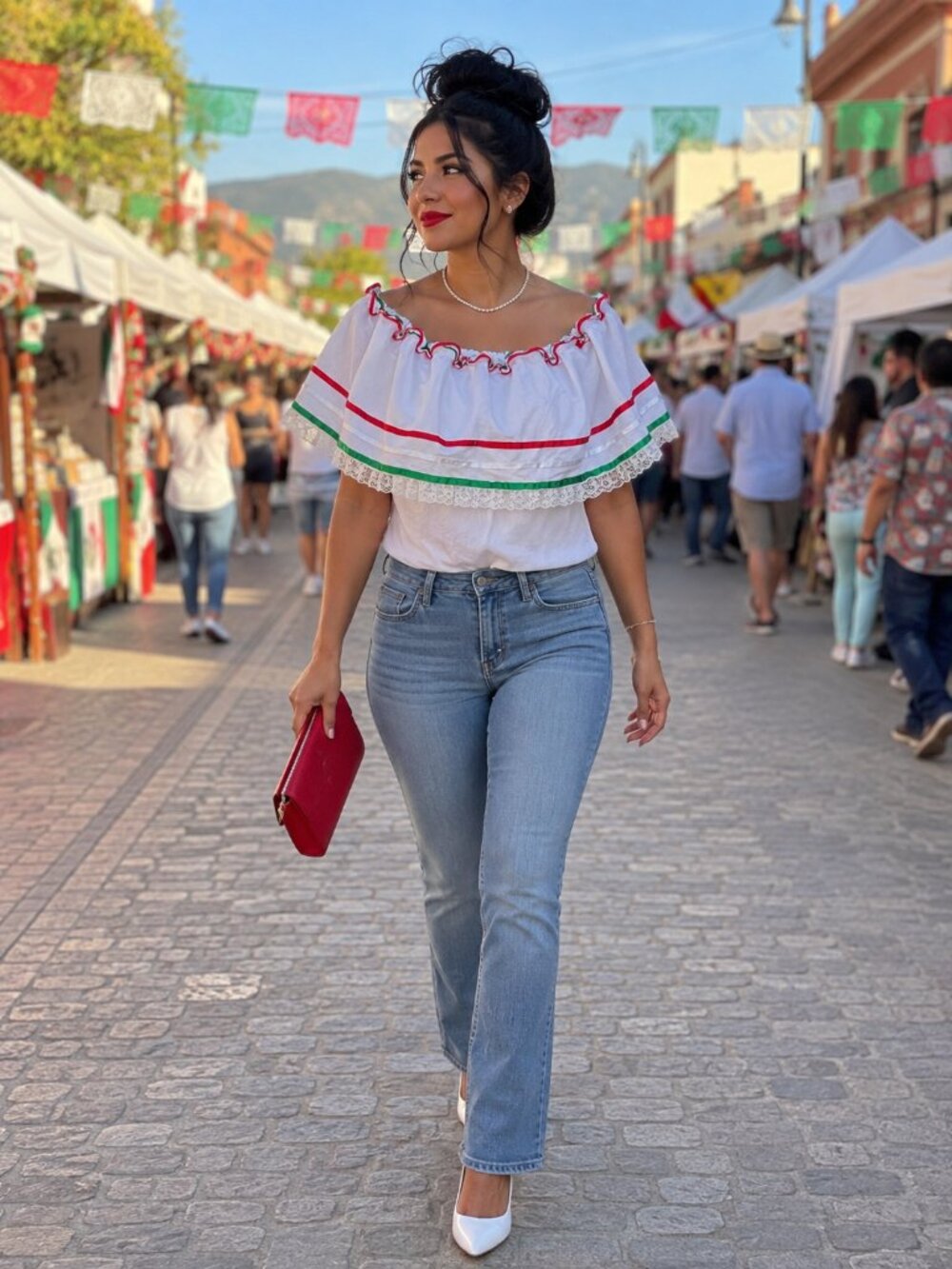 Handmade Mexican Folklorico Blouse XL 1X White Red Green Ribbon Lace